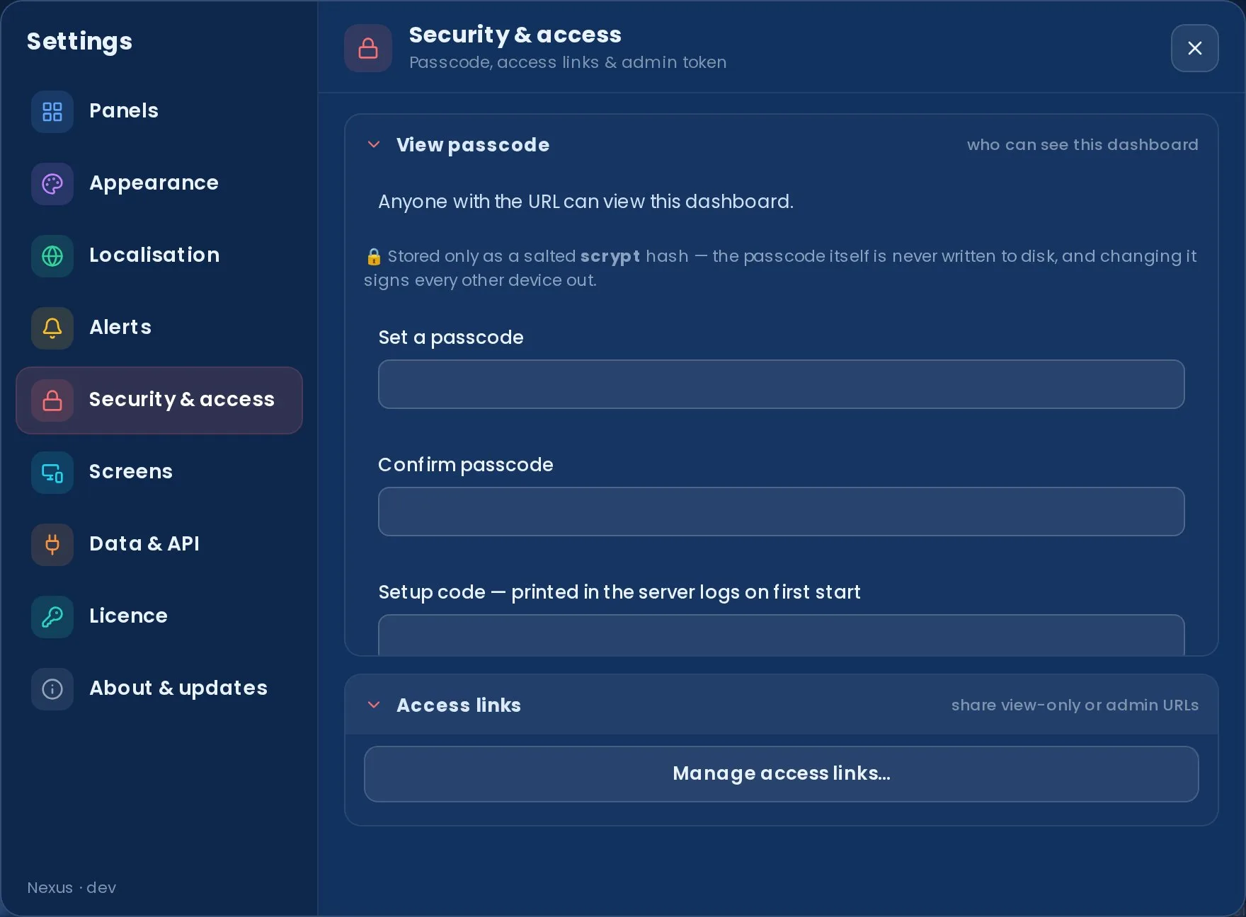 Settings → Security & access with the Access links section expanded, showing a 'Manage access links' control.