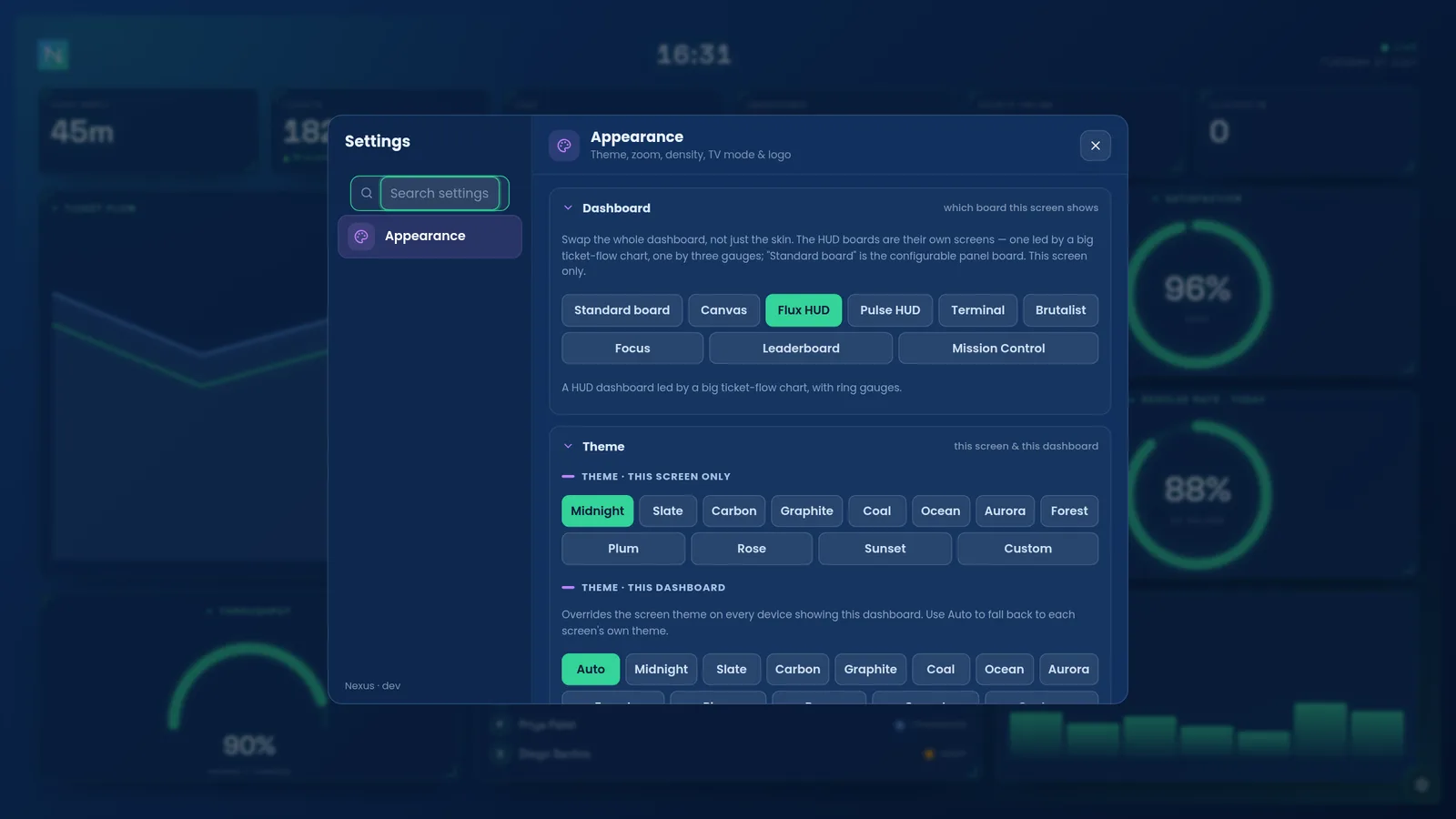 Settings → Appearance → Dashboard: the board-style picker with Standard board, Canvas, Flux HUD, Pulse HUD, Terminal, Brutalist, Focus, Leaderboard and Mission Control, over the colour Theme picker.