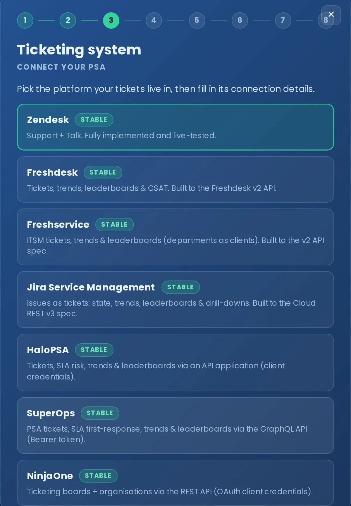 The first-run wizard's Ticketing step: pick your PSA — Zendesk (stable), Freshdesk, Freshservice, Jira Service Management, HaloPSA, SuperOps, NinjaOne, ConnectWise — then fill in its connection details.