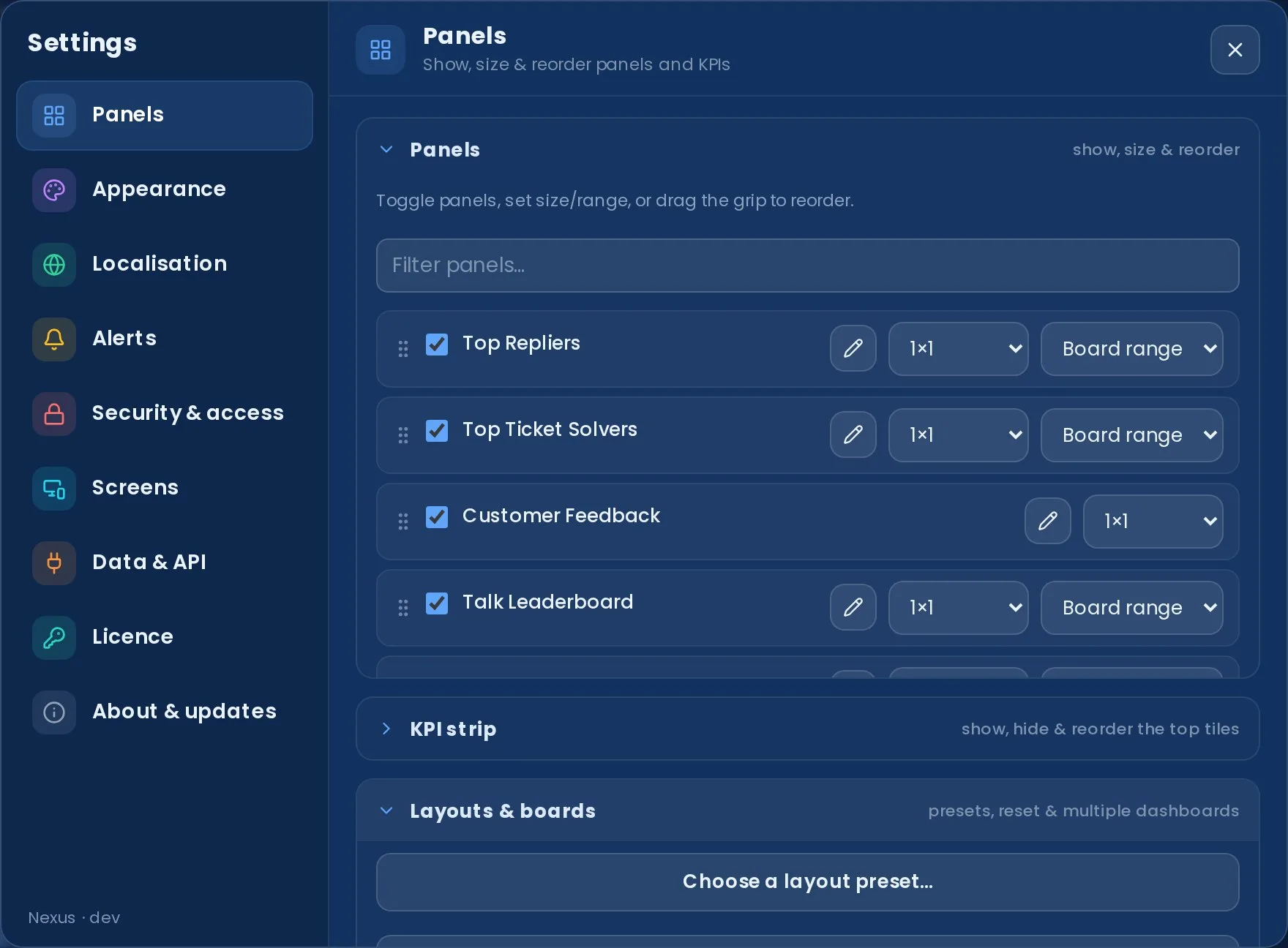 Settings → Panels → Layouts & boards, with a 'Choose a layout preset' control for multiple dashboards.