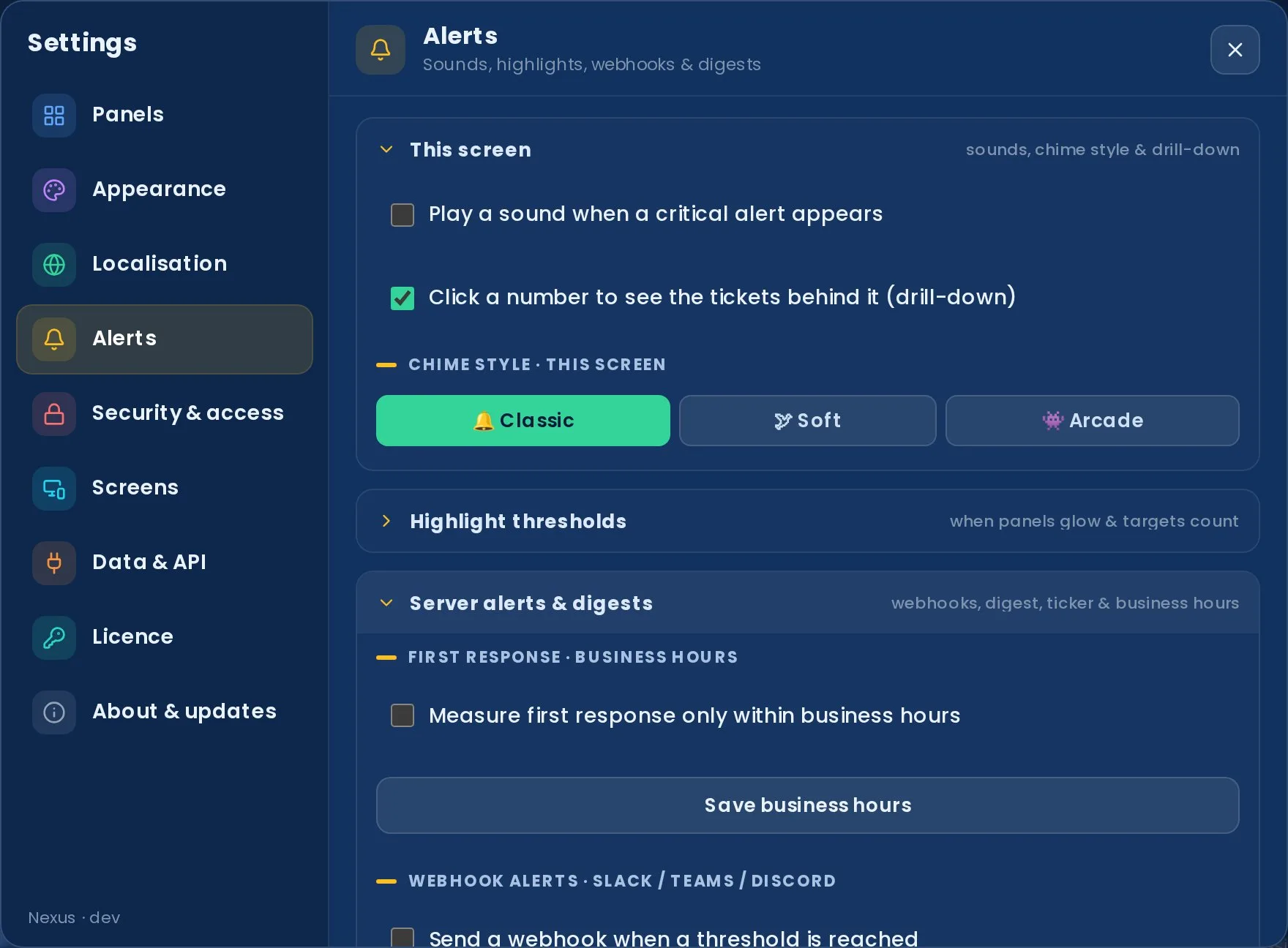 Settings → Alerts → Server alerts & digests, showing webhook alerts, business-hours first response and the end-of-day digest.