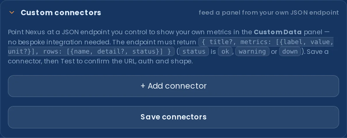 Settings → Data & API → Custom connectors: the documented feed shape, then a row with a name, URL, auth selector and a Test button.