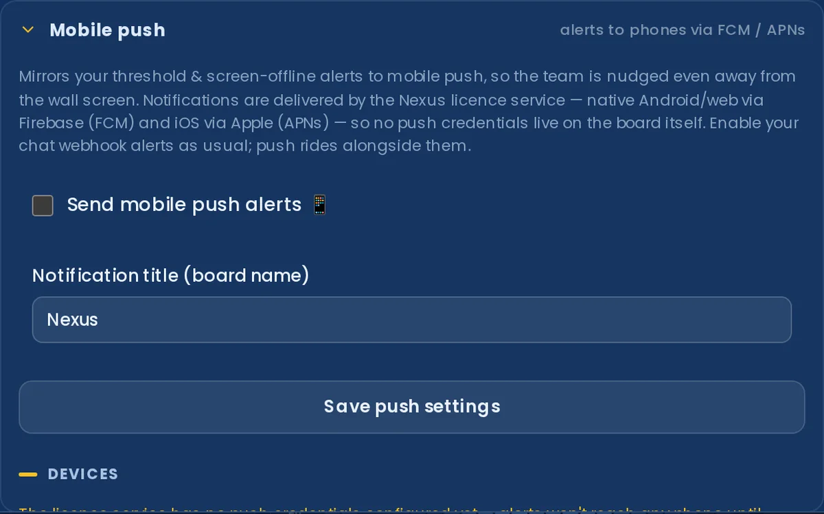 Settings → Alerts → Mobile push: a 'Send mobile push alerts' toggle, a notification-title field set to 'Nexus', a Save button and a Devices section.