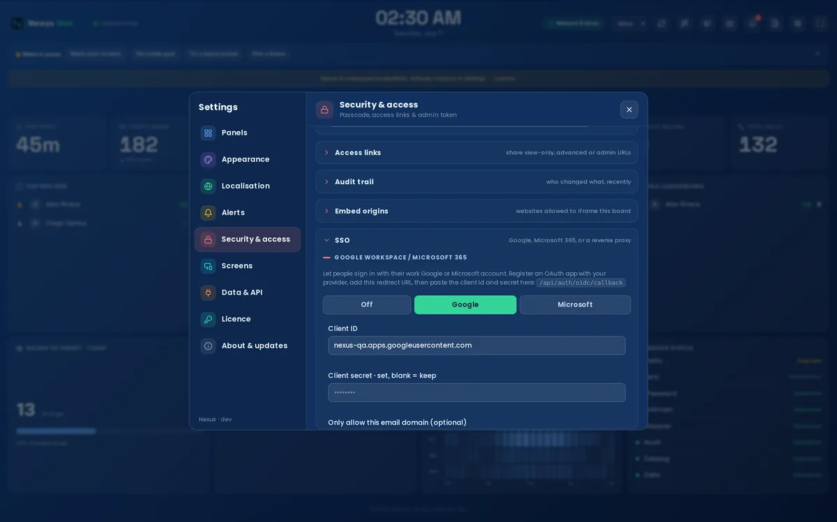 Settings → Security & access → SSO: an Off / Google / Microsoft picker with Google selected, client ID and secret fields, and the callback URL to register.