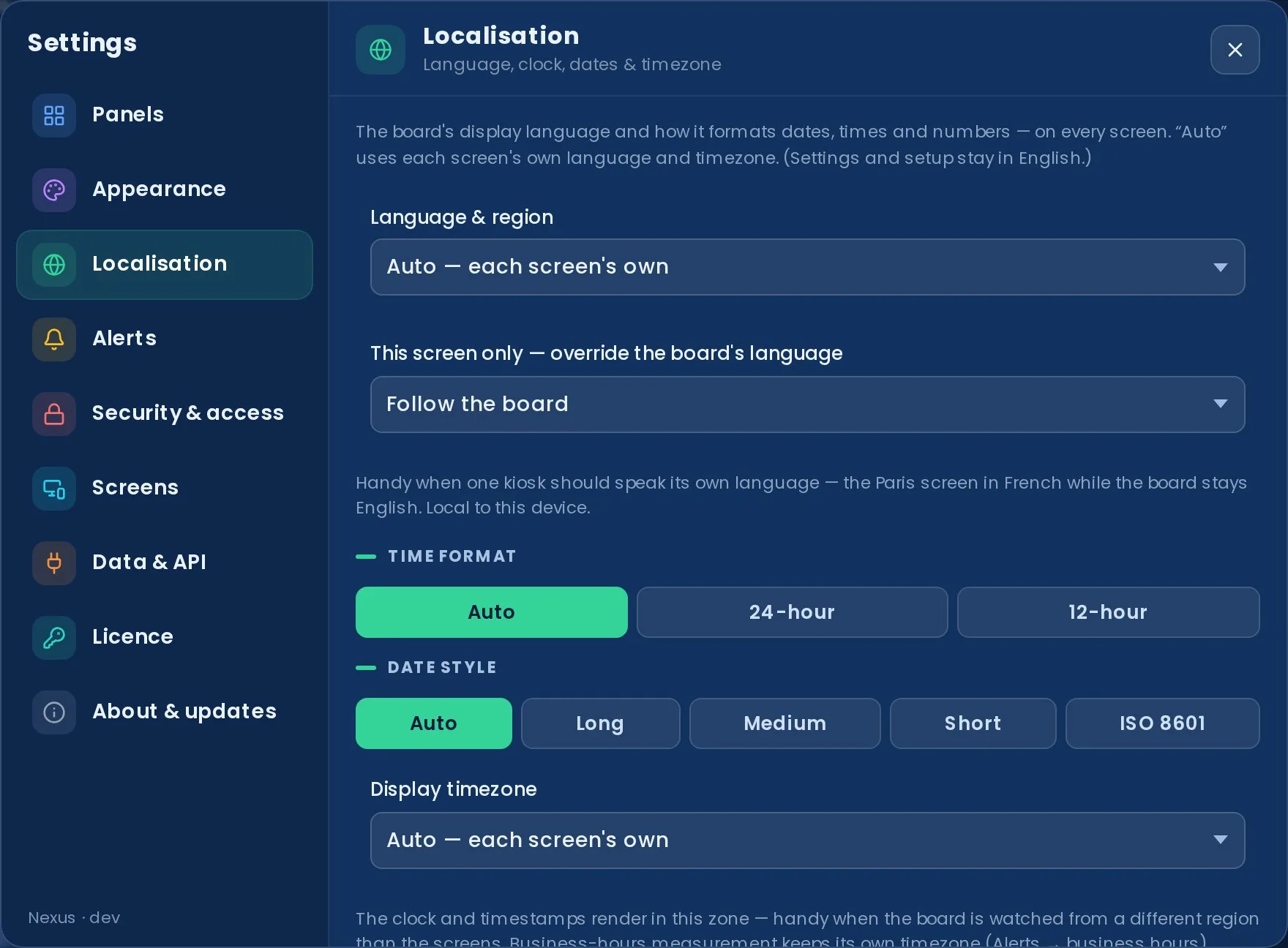 The Settings modal: the nine-section sidebar on the left and the Localisation panel (language, time format, date style, timezone) on the right.