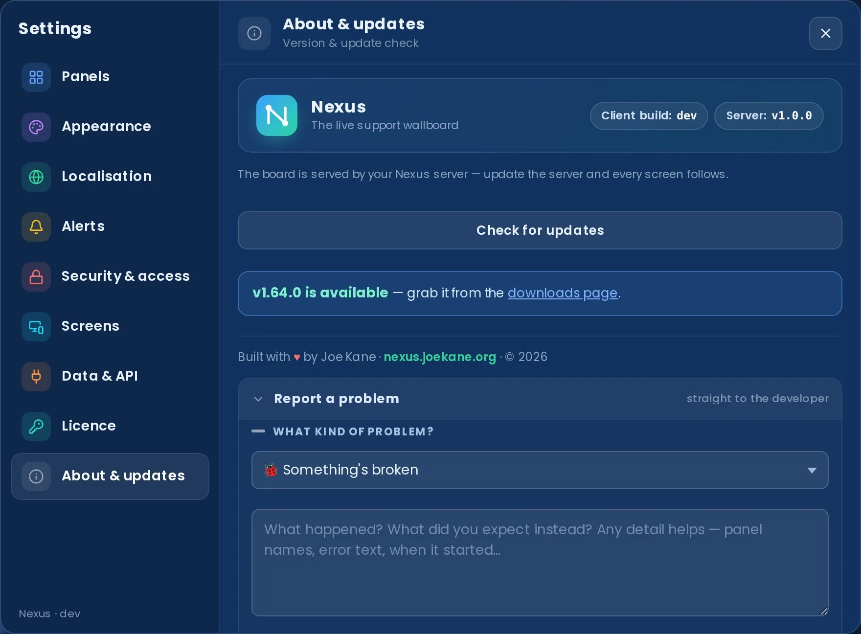 Settings → About & updates → Report a problem: a problem-type dropdown ('Something's broken') and a description field.
