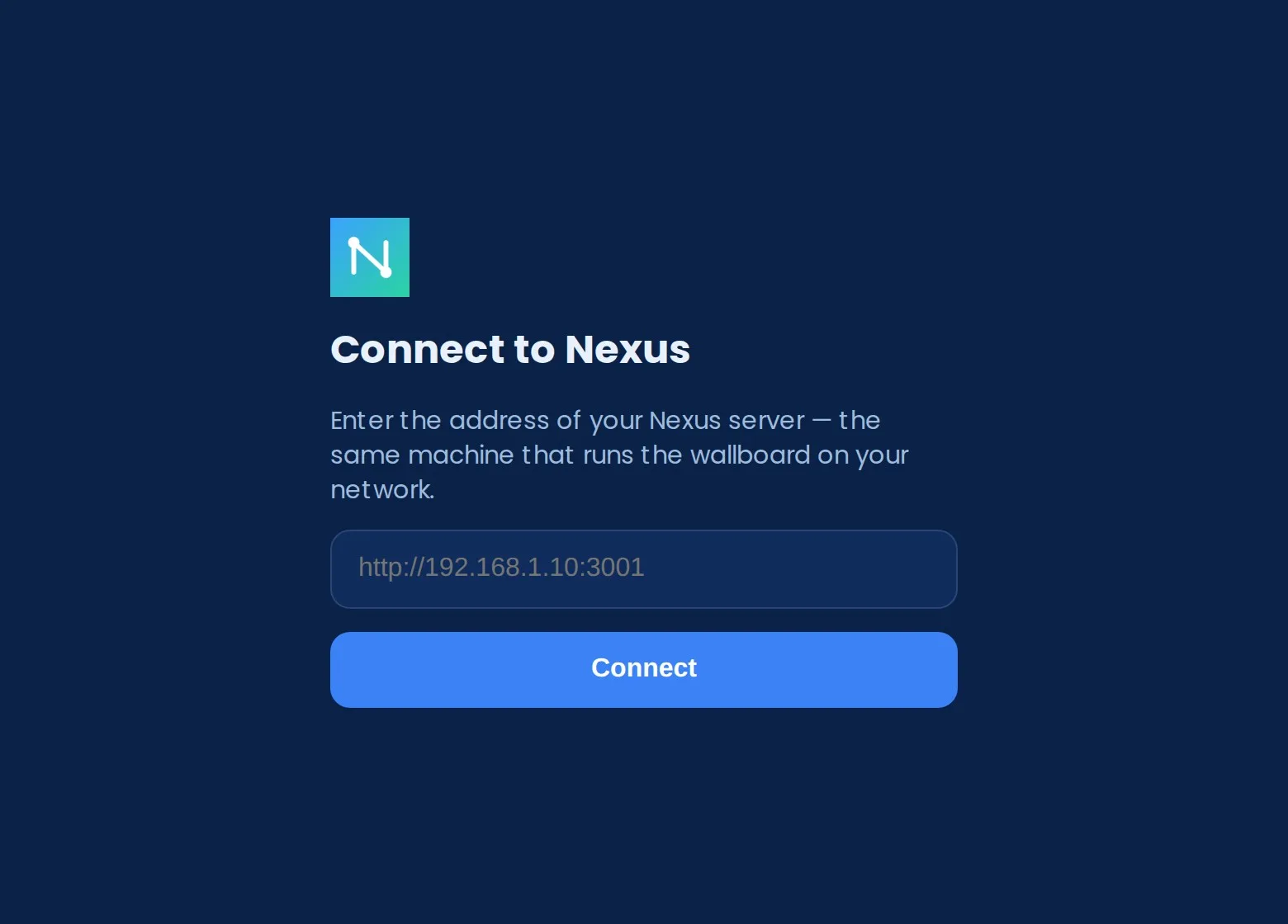 The desktop/mobile first-launch screen: 'Connect to Nexus' with a server-URL field and a Connect button.