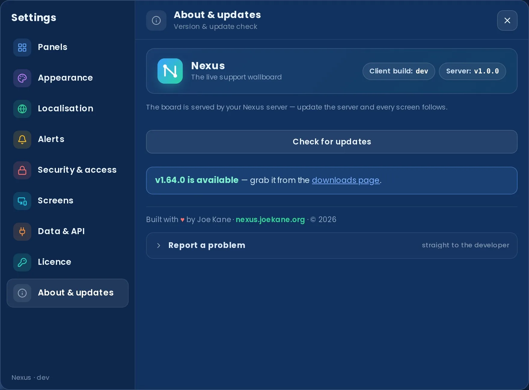 The Settings, About and updates panel showing the server version, a Check for updates button and a banner noting a newer release is available.