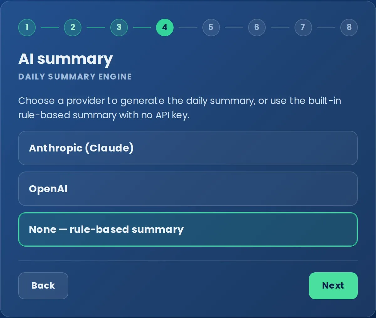 Setup wizard, step 4 of 8: AI summary, choosing Anthropic, OpenAI, or a built-in rule-based summary.