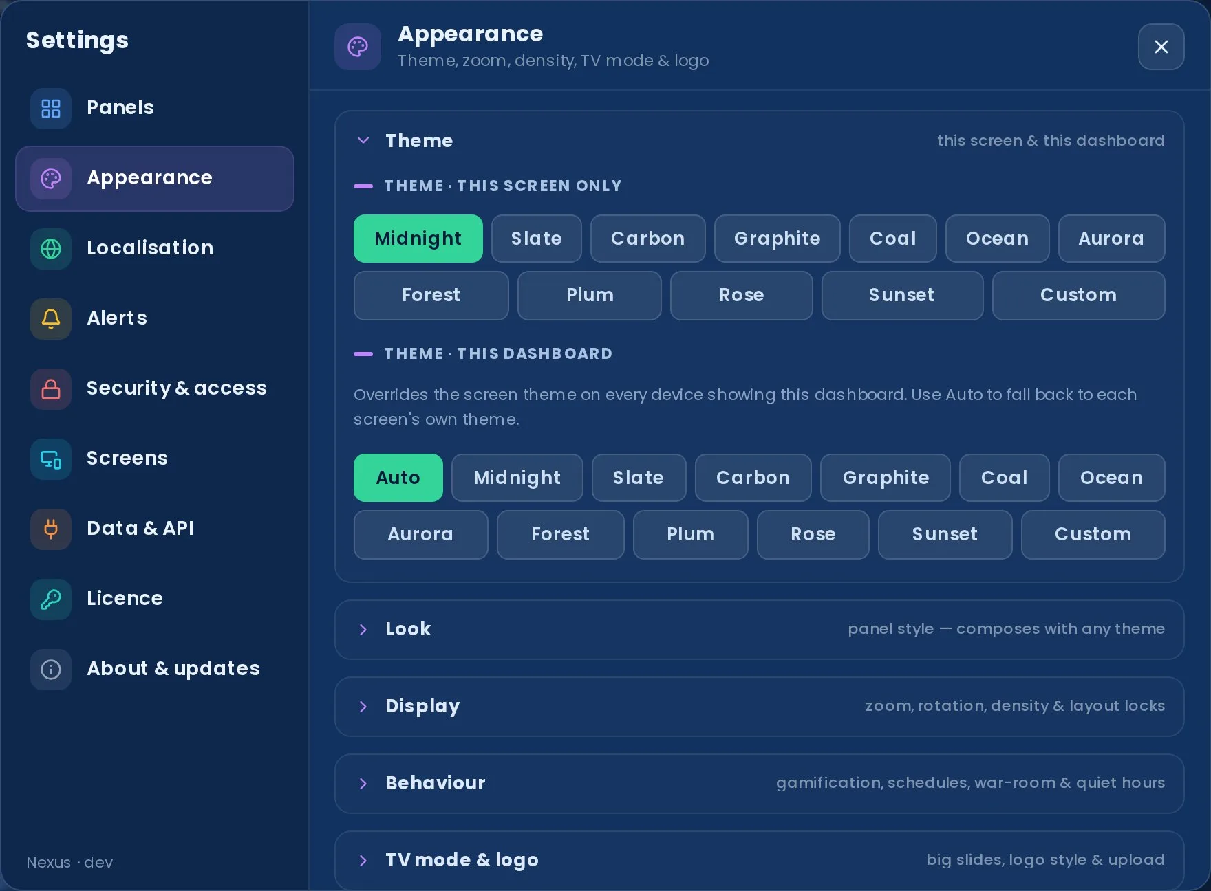 Settings → Appearance: theme pickers for this screen and this dashboard, with collapsible Look, Display, Behaviour and TV mode & logo sections.