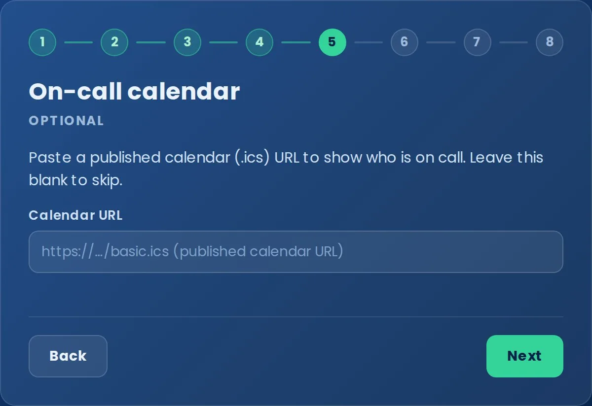 Setup wizard, step 5 of 8: On-call calendar, a field for a published .ics URL.