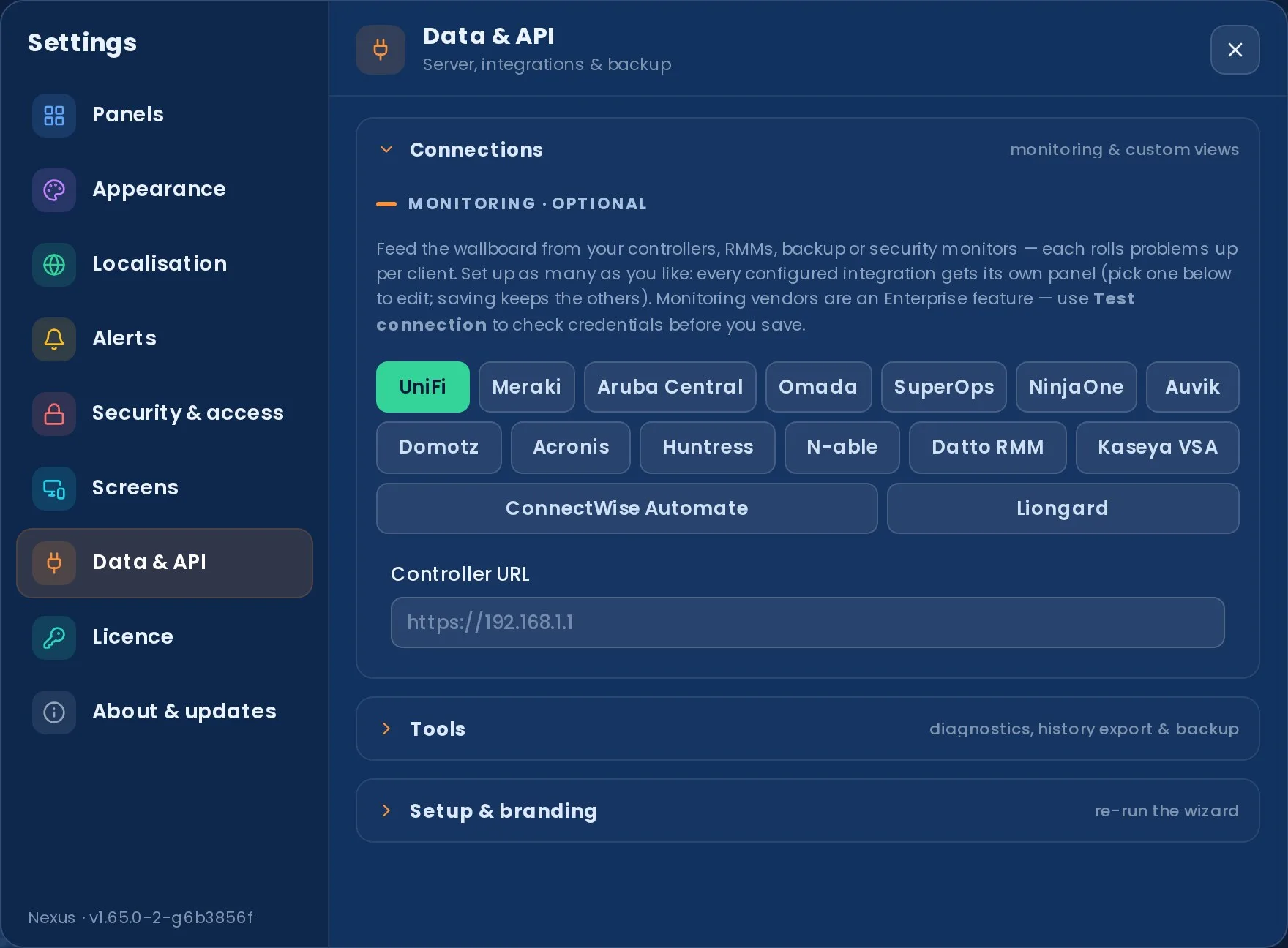 Settings, Data and API, Integrations: a grid of monitoring vendor chips — UniFi selected, with Meraki, Aruba Central, Omada, SuperOps, NinjaOne, Auvik and others available on Enterprise.