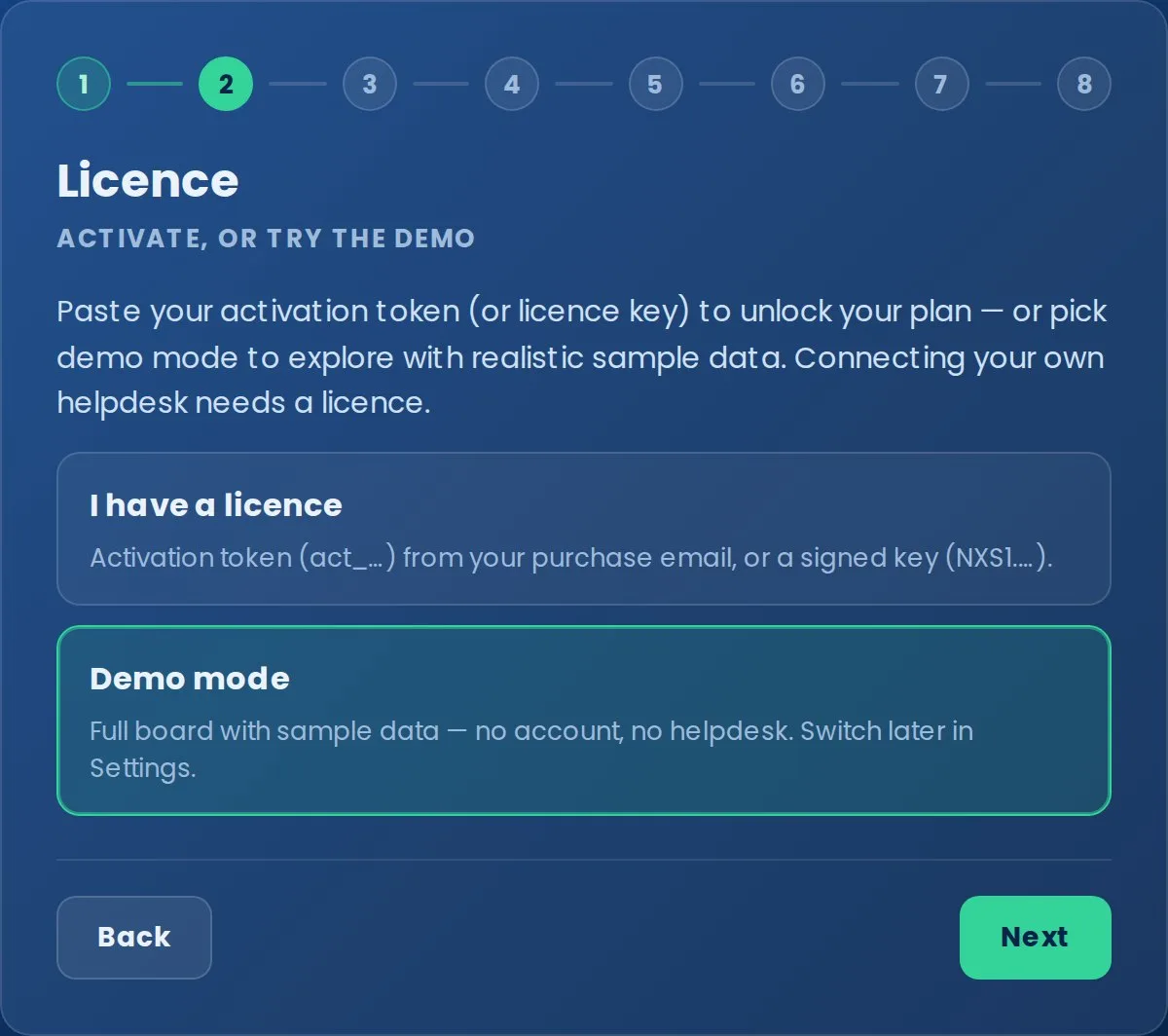 Setup wizard, step 2 of 8: Licence, offering 'I have a licence' or 'Demo mode', with Demo mode selected.