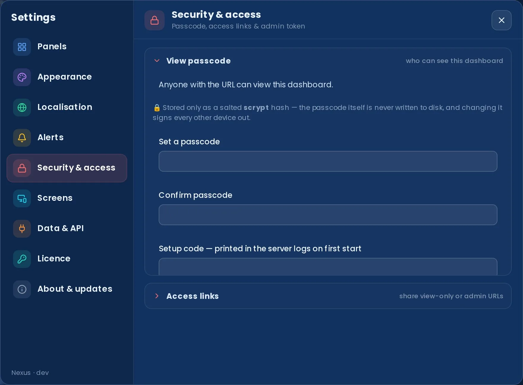 Settings → Security & access: a view-passcode field, a note that the passcode is stored as a salted scrypt hash, a setup-code field, and a collapsible Access links section.