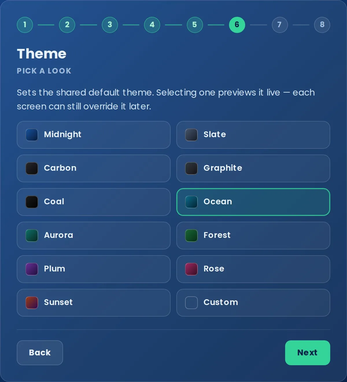 Setup wizard, step 6 of 8: Theme, a grid of 11 colour themes plus Custom, with Ocean selected.
