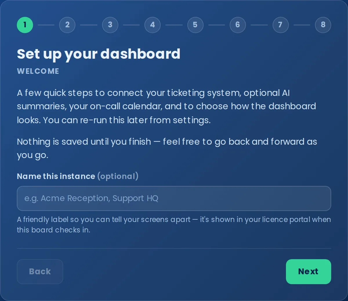 Setup wizard, step 1 of 8: Welcome, with an optional instance-name field and a Next button.